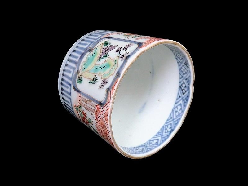 古伊万里 色絵 窓絵岩に東屋 笹に花図 蕎麦猪口
