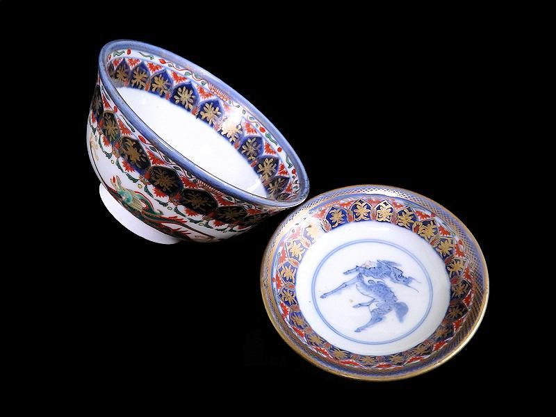 古伊万里 金襴手 瓔珞紋に龍の図 大振蓋茶碗 江戸期 古伊万里 金襴手 瓔珞紋に龍の図 大振蓋茶碗 江戸期
