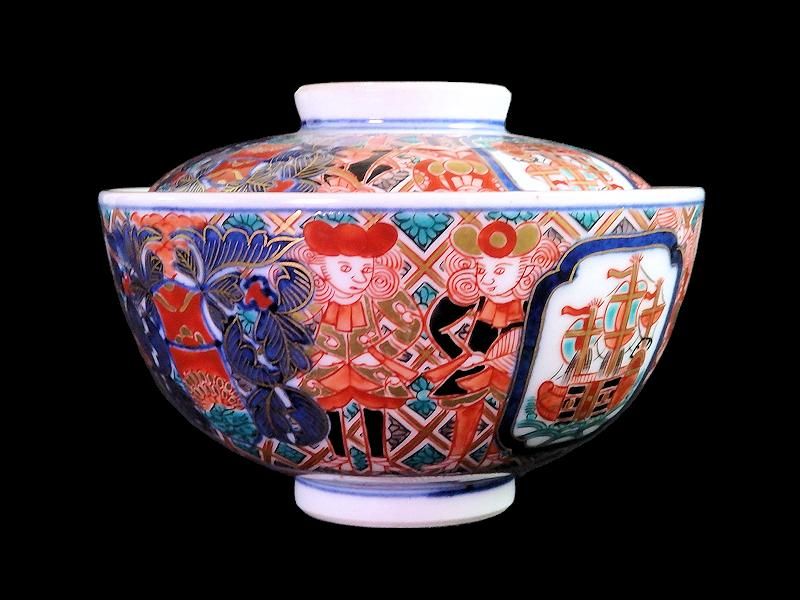 大聖寺伊万里 金襴手 団龍紋に花図 蓋茶碗