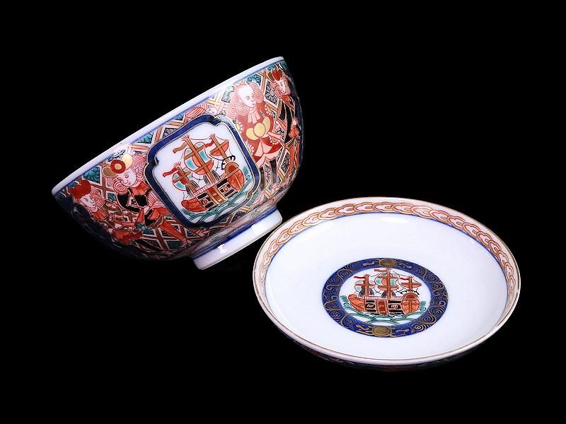 古伊万里 金襴手 窓絵花鳥文図 蓋茶碗 5客セット