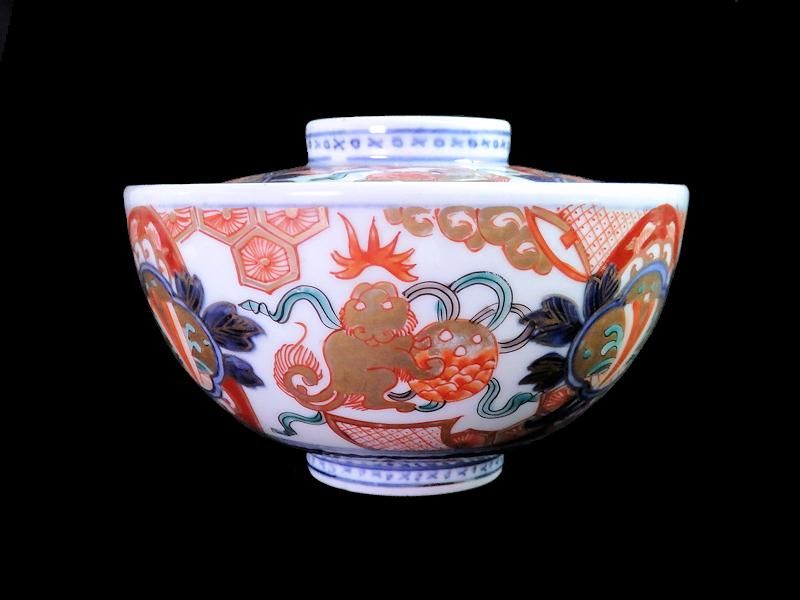 古伊万里 金襴手 玉乗り獅子に宝珠図 大振蓋茶碗