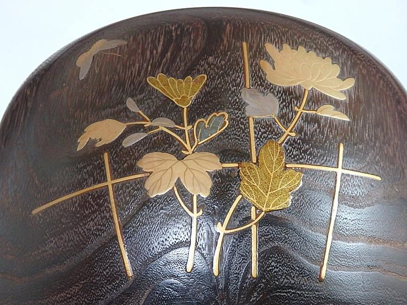 もちこさん専用　金蒔絵　梨地に螺鈿　竹垣に菊花図　桐火鉢　銅板火鉢　大火鉢　手炙 金蒔絵 梨地に螺鈿 竹垣に菊花図 桐火鉢