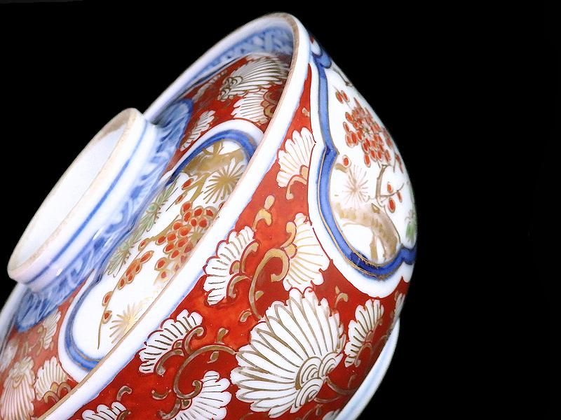 大聖寺伊万里 金襴手 窓絵松竹梅図 大振蓋茶碗