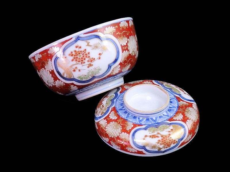 大聖寺伊万里 金襴手 窓絵松竹梅図 大振蓋茶碗