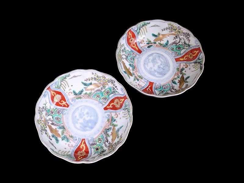 古伊万里 色絵 鯉に花 団龍紋図 膾皿 2枚セット 古伊万里 色絵 鯉に花 団龍紋図 膾皿 2枚セット