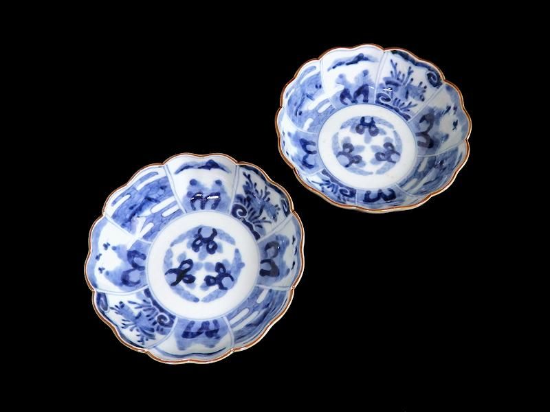 古伊万里 染付 山水に貝図 膾皿 2客セット