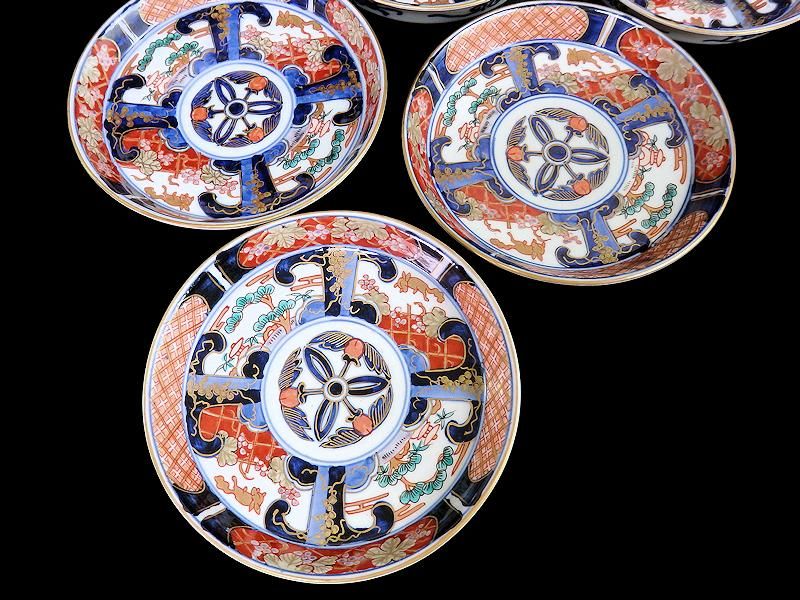 古伊万里　色絵　芭蕉葉に花の図　５寸皿　２枚　A674AS-CFw 古伊万里 色絵 リスに葡萄図 5寸皿 5枚セット