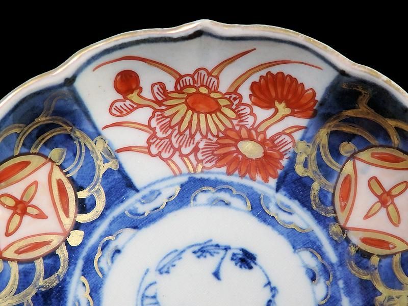 古伊万里 染錦 描分菊に七宝紋図 4寸皿 5枚セット 古伊万里 染錦 描分菊に七宝紋図 4寸皿 5枚セット