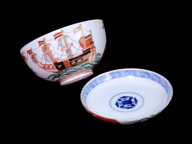 大聖寺伊万里 色絵 五艘船に南蛮人(7人描き)図 大振蓋茶碗 6客