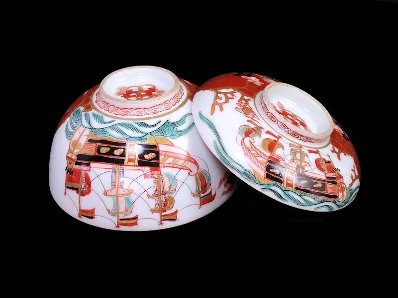 名作 大聖寺伊万里 色絵 五艘船に南蛮人(7人描き)図 大振蓋茶碗 6客 工芸品