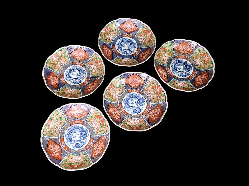 大聖寺伊万里 金襴手 蝶に龍紋図 ４寸皿 ５枚セット
