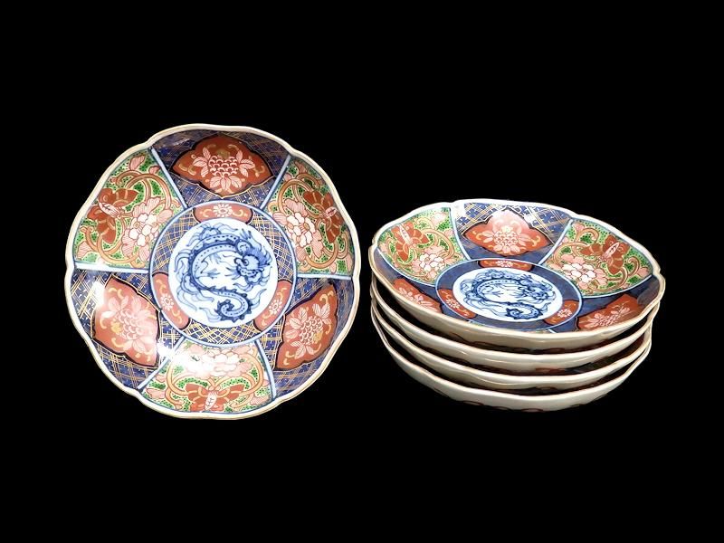 大聖寺伊万里 金襴手 蝶に龍紋図 4寸皿 5枚セット