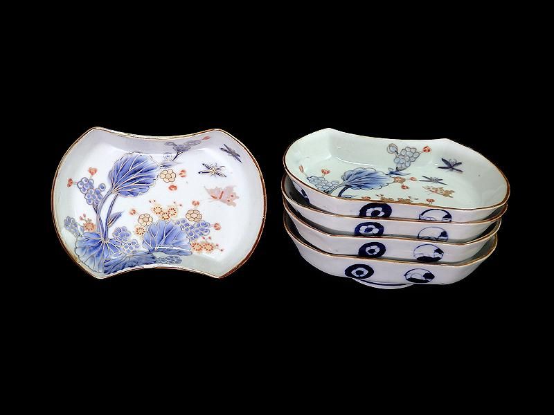 伊万里 染錦 蝶に草花紋の図 分銅形変形皿 5枚セット 伊万里 染錦 蝶に草花紋の図 分銅形変形皿 5枚セット
