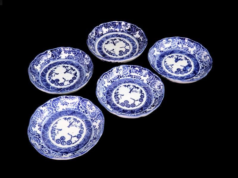 伊万里 ベロ藍 型刷印判 花に松竹梅図 小膾皿 5客セット 伊万里 ベロ藍 型刷印判 花に松竹梅図 小膾皿 5客セット
