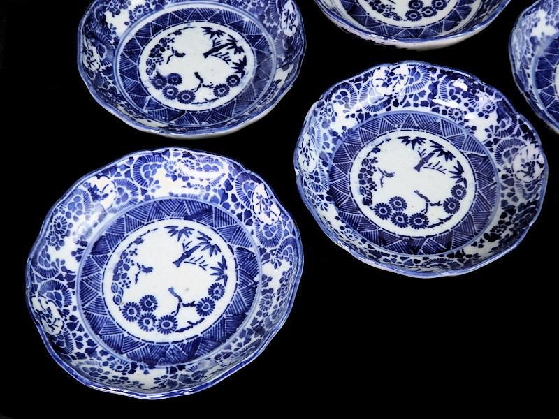 2024春大特価セール！ 伊万里 ベロ藍 型刷印判 花に松竹梅図 小膾皿 5客セット 工芸品