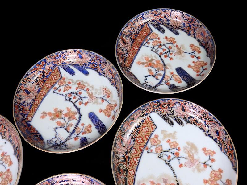 伊万里 金襴手 霞に梅 花鳥紋図 5寸皿 5枚セット 伊万里 金襴手 霞に梅 花鳥紋図 5寸皿 5枚セット