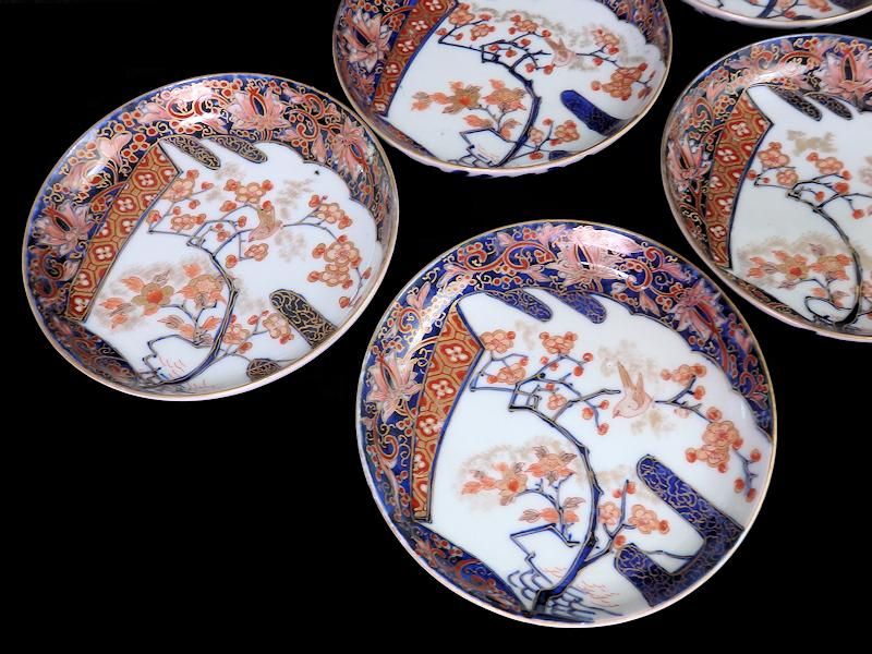 伊万里 金襴手 霞に梅 花鳥紋図 5寸皿 5枚セット 伊万里 金襴手 霞に梅 花鳥紋図 5寸皿 5枚セット