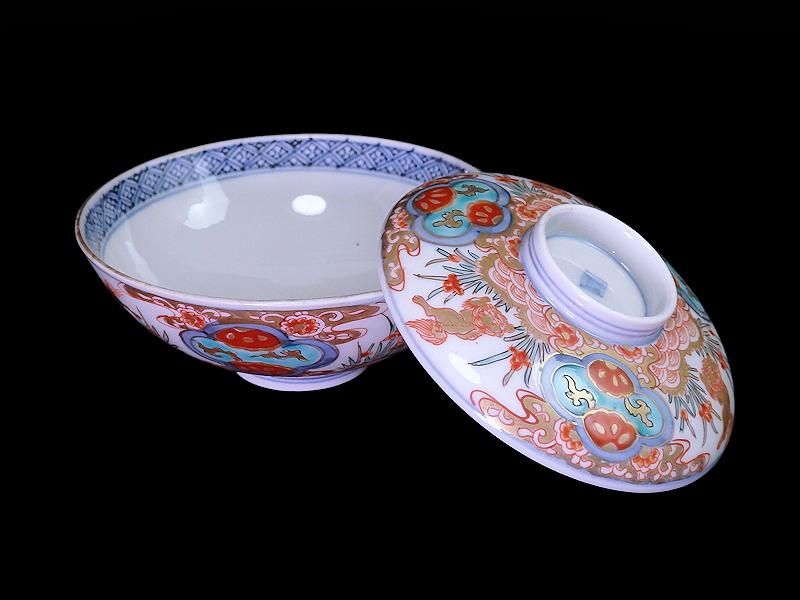 古伊万里 金襴手 青海波に菖蒲 獅子図 蓋茶碗