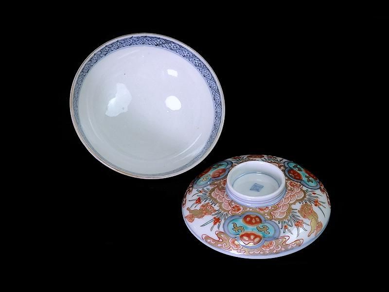 古伊万里 金襴手 青海波に菖蒲 獅子図 蓋茶碗