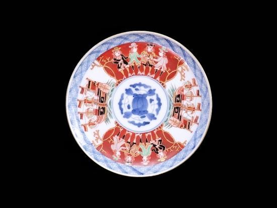 大聖寺伊万里 金襴手 五艘船に阿蘭陀人図 6寸皿 大聖寺伊万里 金襴手 五艘船に阿蘭陀人図 6寸皿