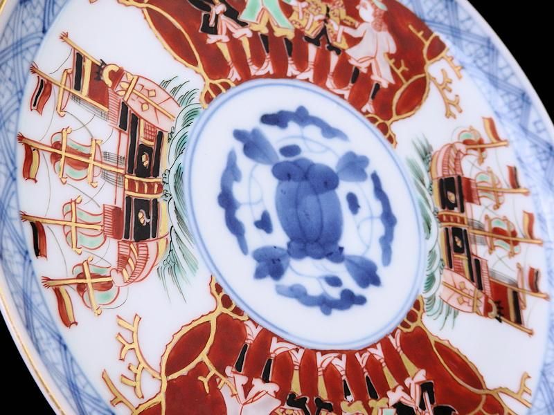 大聖寺伊万里 金襴手 五艘船に阿蘭陀人図 6寸皿 大聖寺伊万里 金襴手 五艘船に阿蘭陀人図 6寸皿