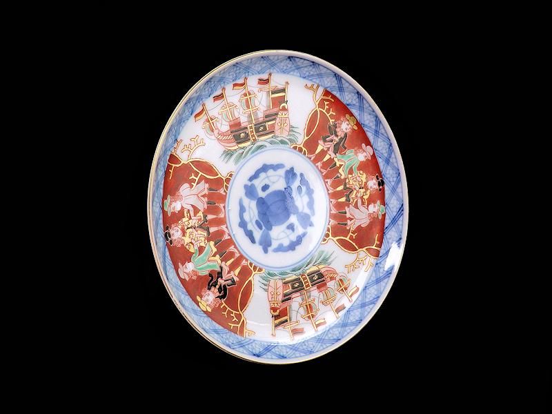 大聖寺伊万里 金襴手 五艘船に阿蘭陀人図 6寸皿 大聖寺伊万里 金襴手 五艘船に阿蘭陀人図 6寸皿