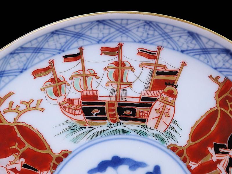 大聖寺伊万里 金襴手 五艘船に阿蘭陀人図 6寸皿 大聖寺伊万里 金襴手 五艘船に阿蘭陀人図 6寸皿