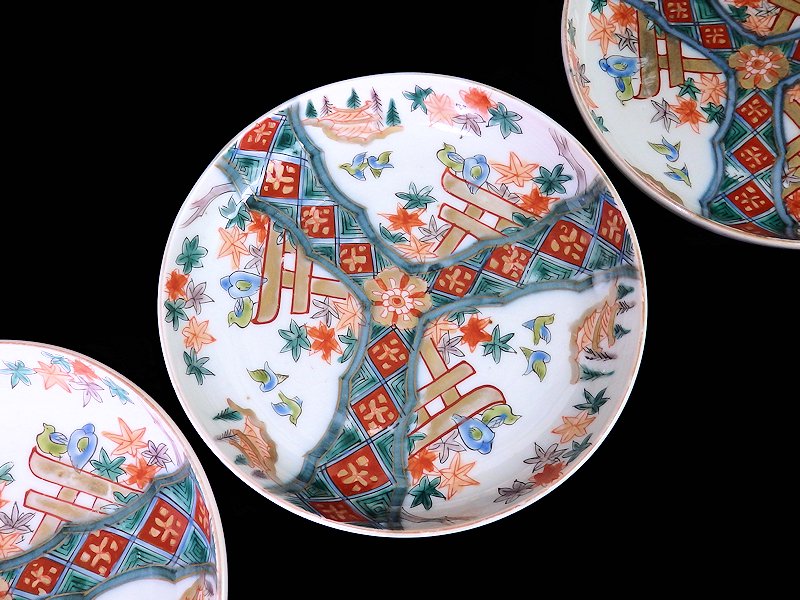 古伊万里 金襴手 紅葉に鳥居 花鳥紋図 ５寸皿 ３枚セット
