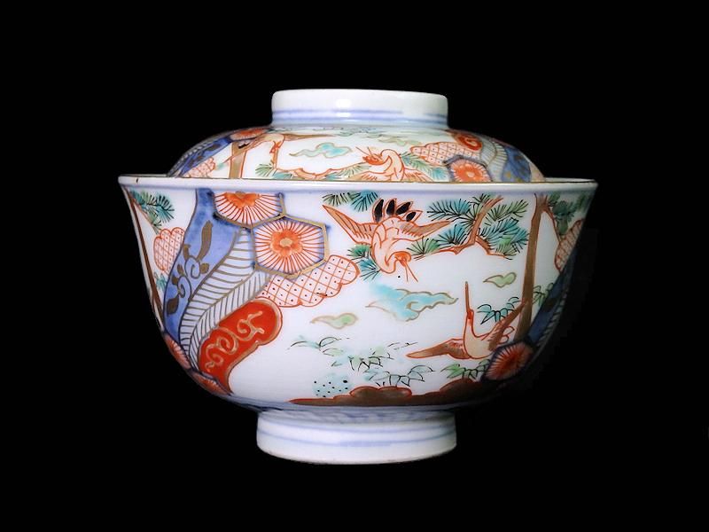 正規品 古伊万里 金襴手 雲鶴に松竹 孔雀羽に亀甲紋図 蓋茶碗 工芸品
