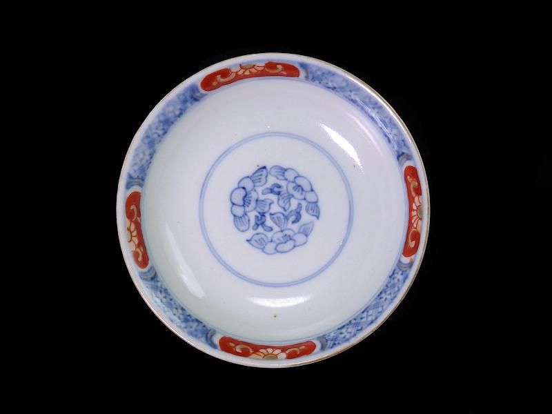 古伊万里 金襴手 雲鶴に松竹 孔雀羽に亀甲紋図 蓋茶碗