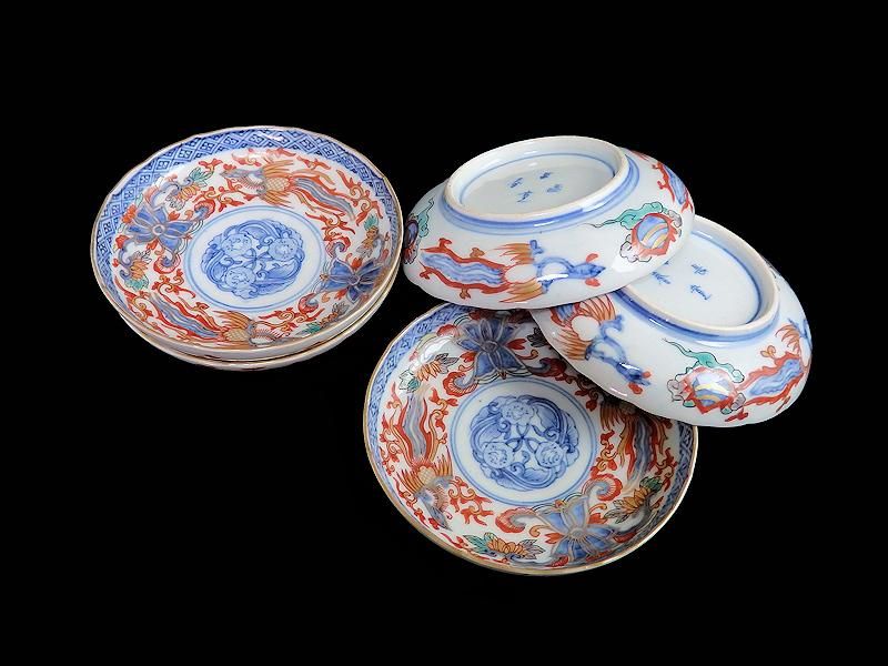 古伊万里 金襴手 鳳凰に花図 4寸皿 5枚セット 古伊万里 金襴手 鳳凰に花図 4寸皿 5枚セット