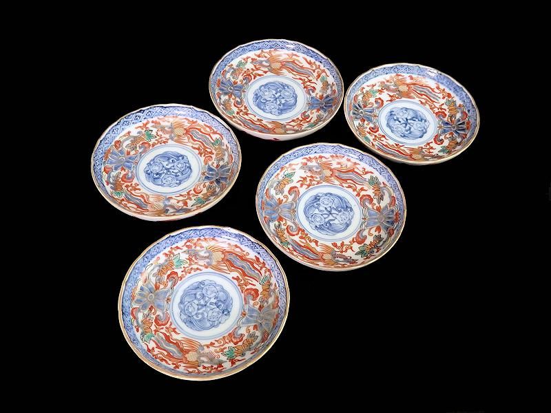 古伊万里 金襴手 鳳凰に花図 4寸皿 5枚セット 古伊万里 金襴手 鳳凰に花図 4寸皿 5枚セット