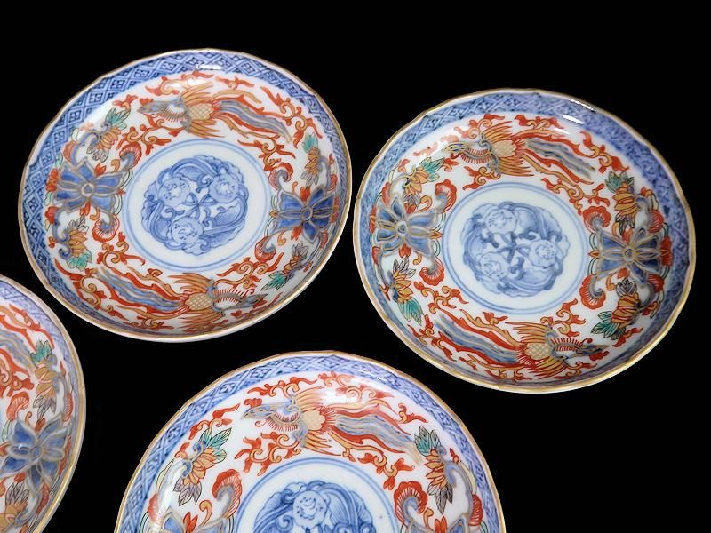 古伊万里 金襴手 鳳凰に花図 4寸皿 5枚セット 古伊万里 金襴手 鳳凰に花図 4寸皿 5枚セット