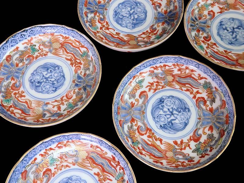 古伊万里 金襴手 鳳凰に花図 4寸皿 5枚セット 古伊万里 金襴手 鳳凰に花図 4寸皿 5枚セット