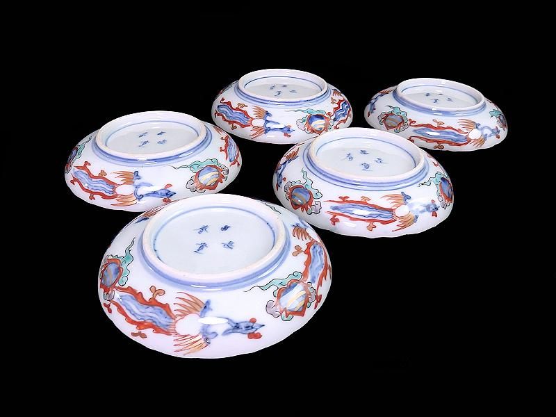 古伊万里 金襴手 鳳凰に花図 4寸皿 5枚セット 古伊万里 金襴手 鳳凰に花図 4寸皿 5枚セット