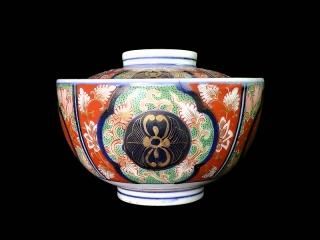 古伊万里 金襴手 瓔珞紋に龍の図 大振蓋茶碗 江戸期