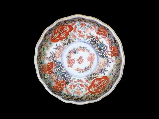 古伊万里 金襴手 宝珠に団龍紋 熨斗に七宝紋図 3寸皿
