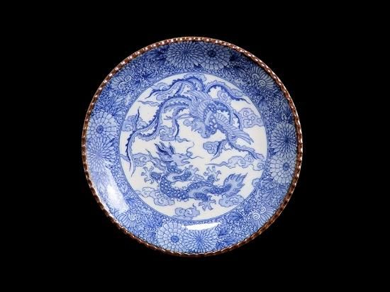 伊万里 染付 印判 鳳凰に龍図 7寸皿 伊万里 染付 印判 鳳凰に龍図 7寸皿