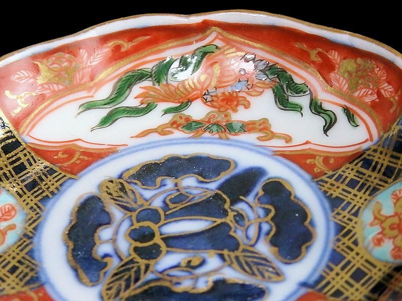 古伊万里 金襴手 窓絵桐に鳳凰 丸紋に花図 豆皿