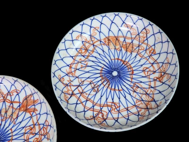 古伊万里 色絵 網目に金魚図 4寸皿 古伊万里 色絵 網目に金魚図 4寸皿