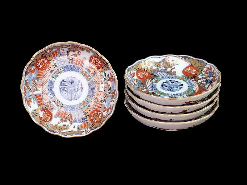 古伊万里 金襴手 花鳥紋に松竹梅図 4寸皿 5枚セット