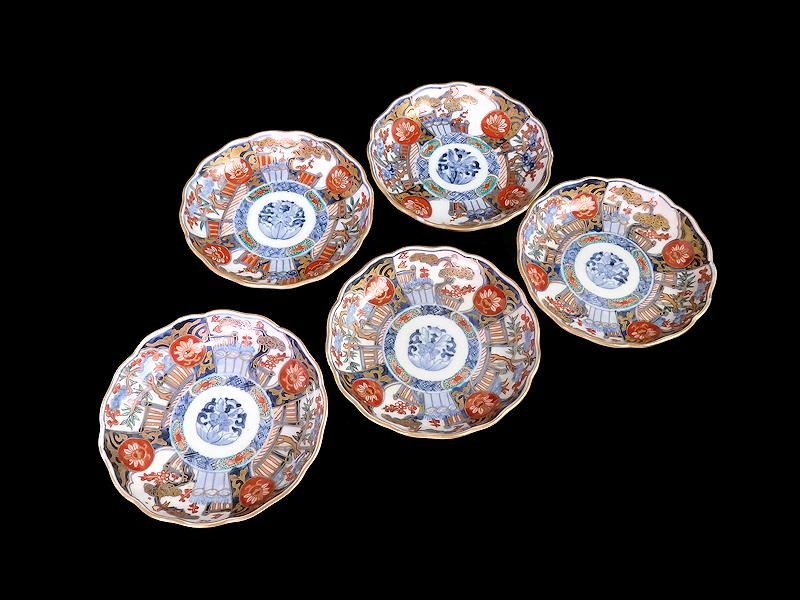 古伊万里 金襴手 花鳥紋に松竹梅図 4寸皿 5枚セット