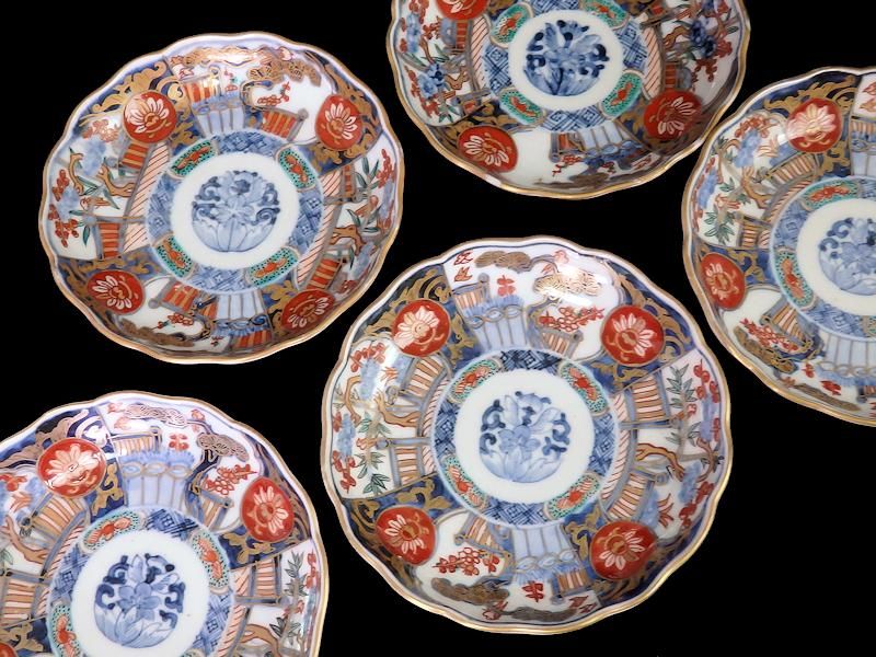 古伊万里 金襴手 花鳥紋に松竹梅図 4寸皿 5枚セット
