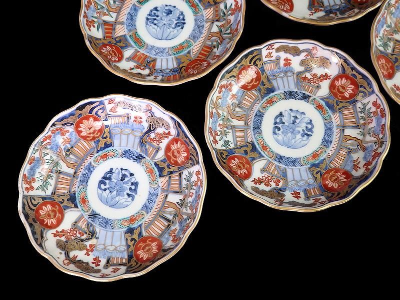 祝開店！大放出セール開催中 古伊万里 金襴手 花鳥紋に松竹梅図 4寸皿 5枚セット 工芸品