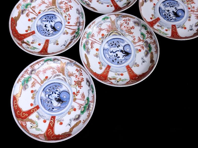 今 話題 の 人気 商品 古伊万里 色絵 松竹梅に団龍紋図 5寸皿 5枚ｾｯﾄ 工芸品