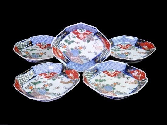 古伊万里 色絵 紫陽花に蝶図 松皮菱形変形皿 5客セット 古伊万里 色絵 紫陽花に蝶図 松皮菱形変形皿 5客セット