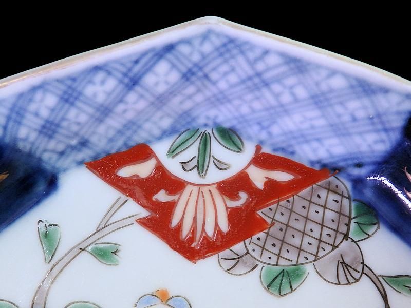 古伊万里 色絵 紫陽花に蝶図 松皮菱形変形皿 5客セット 古伊万里 色絵 紫陽花に蝶図 松皮菱形変形皿 5客セット