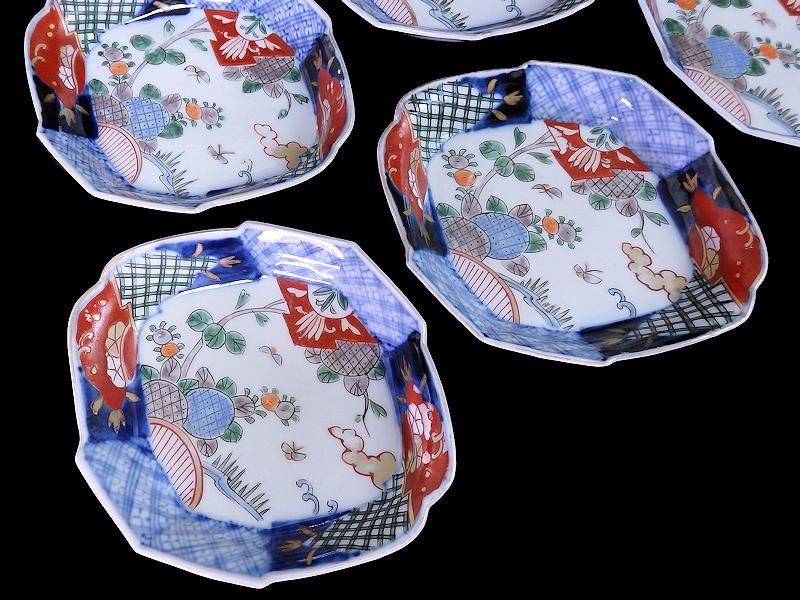 古伊万里 色絵 紫陽花に蝶図 松皮菱形変形皿 5客セット 古伊万里 色絵 紫陽花に蝶図 松皮菱形変形皿 5客セット