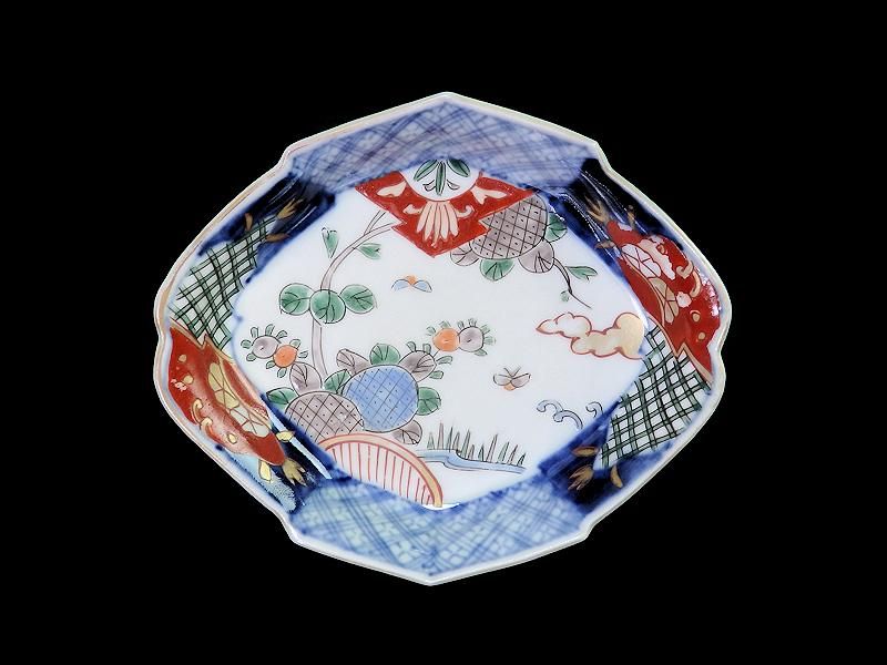 古伊万里 色絵 紫陽花に蝶図 松皮菱形変形皿 5客セット 古伊万里 色絵 紫陽花に蝶図 松皮菱形変形皿 5客セット