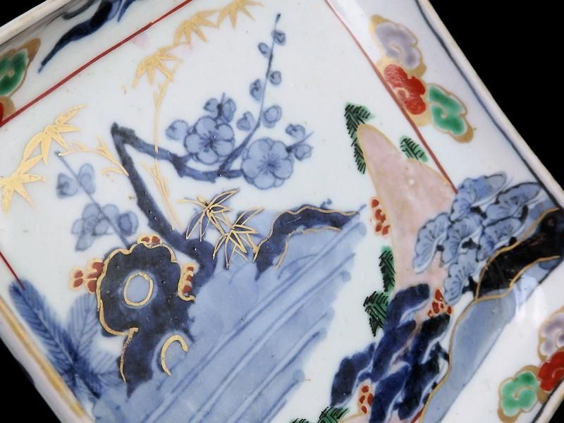 古伊万里 染錦 山水に松竹梅図 角皿 古伊万里 染錦 山水に松竹梅図 角皿